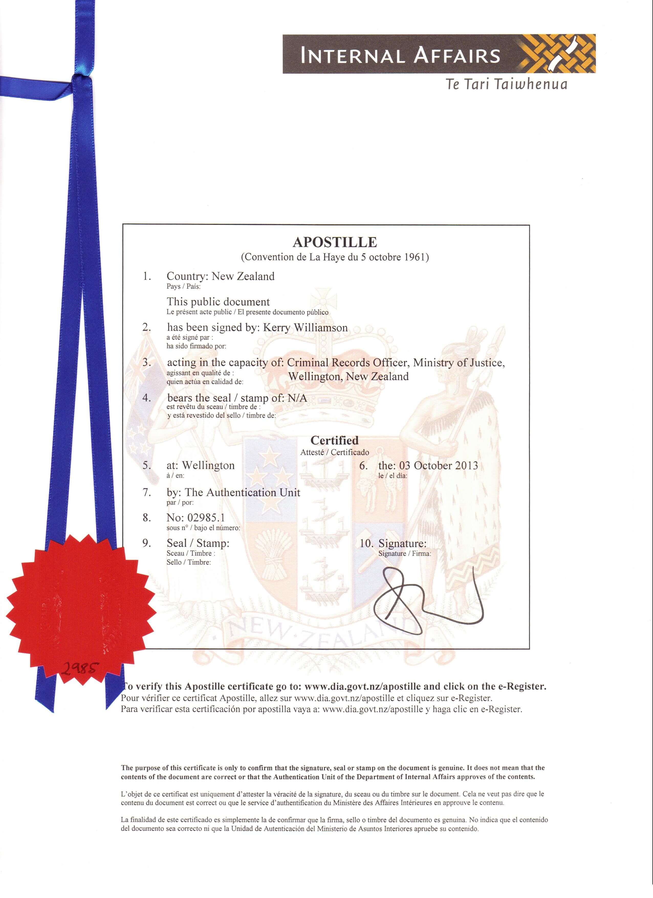 An apostille certificate for an E2 visa applicant